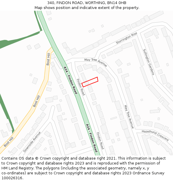 340, FINDON ROAD, WORTHING, BN14 0HB: Location map and indicative extent of plot