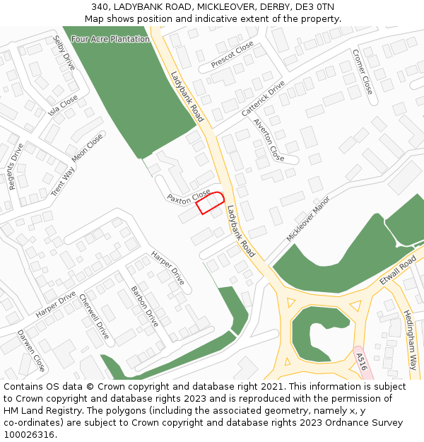 340, LADYBANK ROAD, MICKLEOVER, DERBY, DE3 0TN: Location map and indicative extent of plot