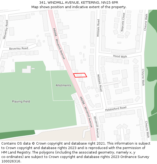 341, WINDMILL AVENUE, KETTERING, NN15 6PR: Location map and indicative extent of plot