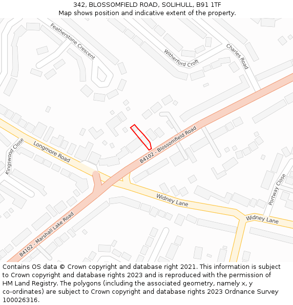 342, BLOSSOMFIELD ROAD, SOLIHULL, B91 1TF: Location map and indicative extent of plot