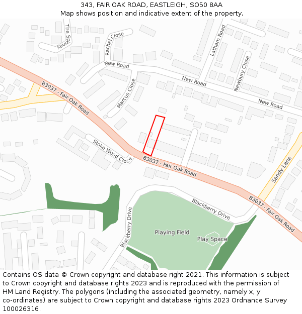 343, FAIR OAK ROAD, EASTLEIGH, SO50 8AA: Location map and indicative extent of plot