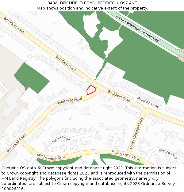 343A, BIRCHFIELD ROAD, REDDITCH, B97 4NE: Location map and indicative extent of plot