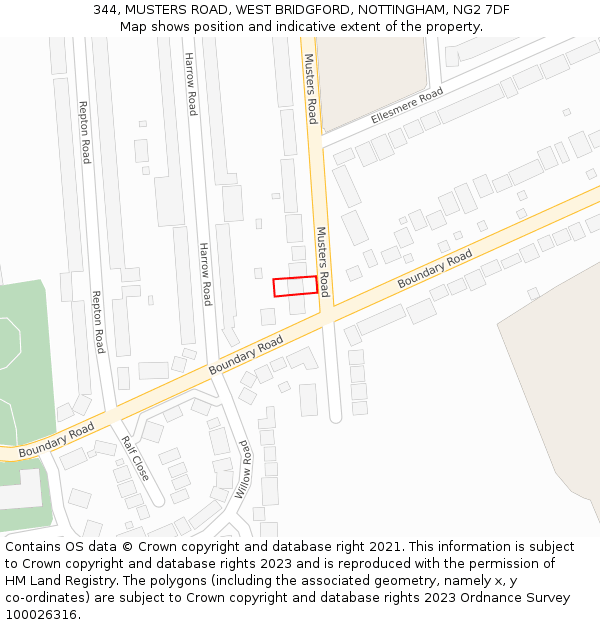 344, MUSTERS ROAD, WEST BRIDGFORD, NOTTINGHAM, NG2 7DF: Location map and indicative extent of plot