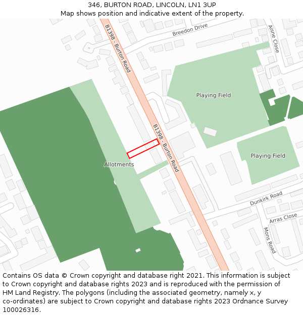 346, BURTON ROAD, LINCOLN, LN1 3UP: Location map and indicative extent of plot