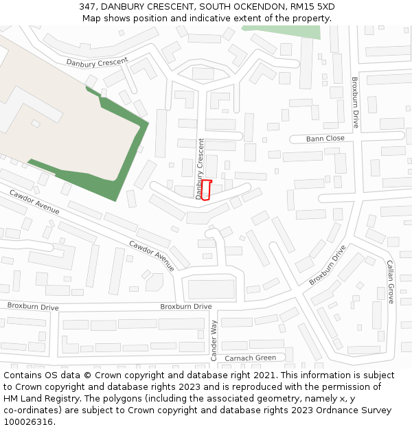 347, DANBURY CRESCENT, SOUTH OCKENDON, RM15 5XD: Location map and indicative extent of plot
