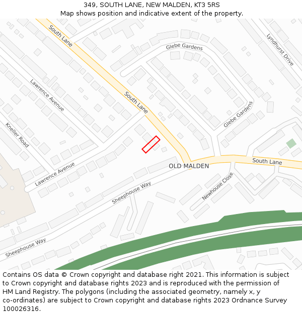 349, SOUTH LANE, NEW MALDEN, KT3 5RS: Location map and indicative extent of plot