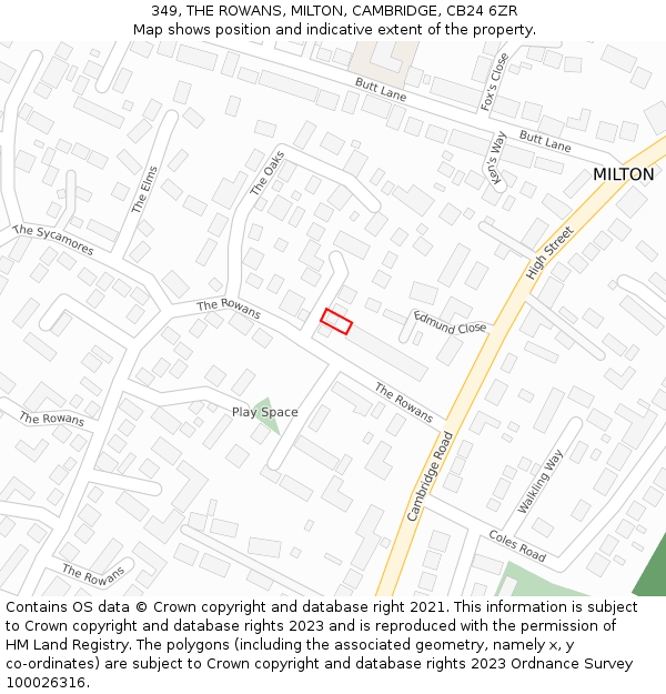 349, THE ROWANS, MILTON, CAMBRIDGE, CB24 6ZR: Location map and indicative extent of plot