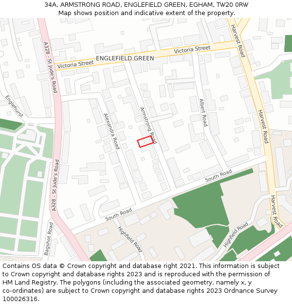 34A, ARMSTRONG ROAD, ENGLEFIELD GREEN, EGHAM, TW20 0RW: Location map and indicative extent of plot