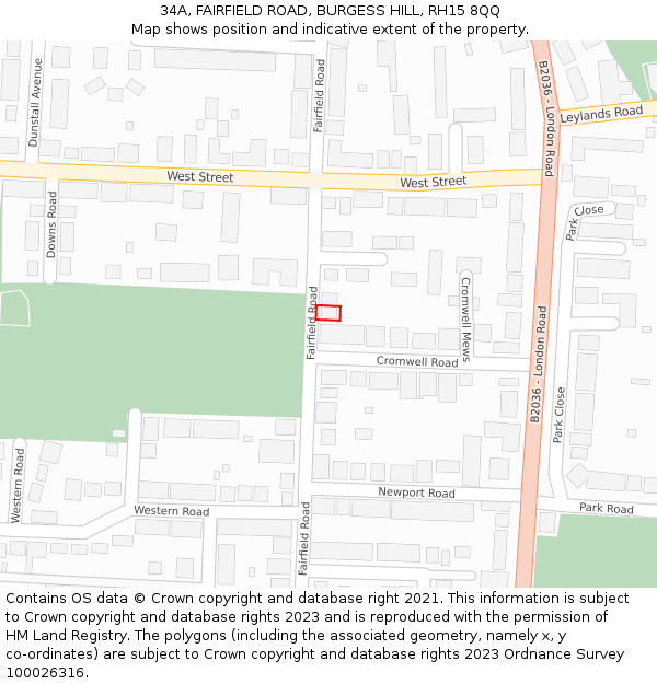 34A, FAIRFIELD ROAD, BURGESS HILL, RH15 8QQ: Location map and indicative extent of plot