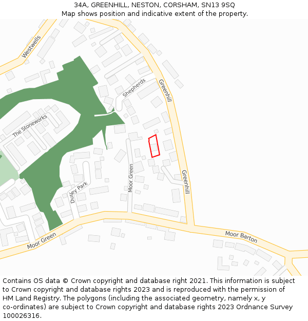 34A, GREENHILL, NESTON, CORSHAM, SN13 9SQ: Location map and indicative extent of plot