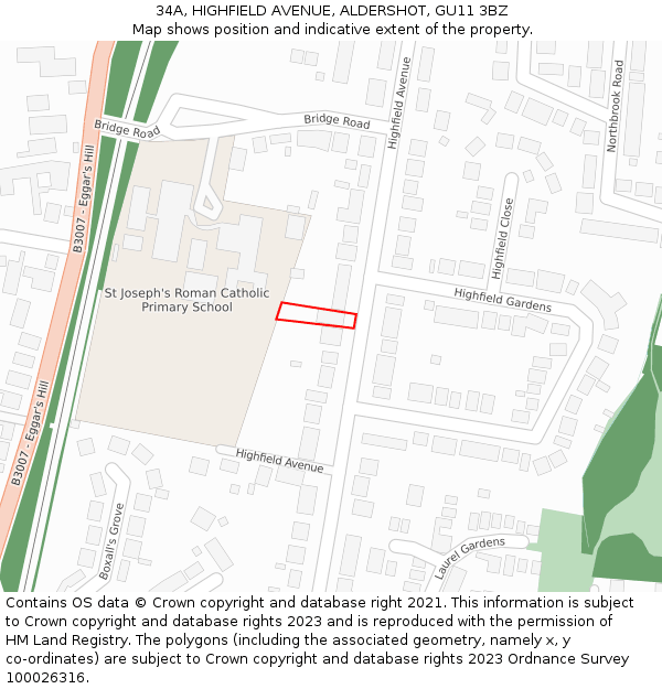 34A, HIGHFIELD AVENUE, ALDERSHOT, GU11 3BZ: Location map and indicative extent of plot