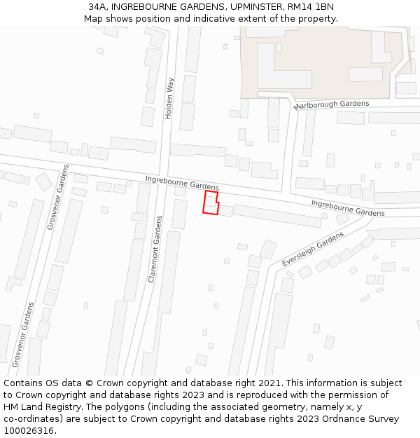 34A, INGREBOURNE GARDENS, UPMINSTER, RM14 1BN: Location map and indicative extent of plot