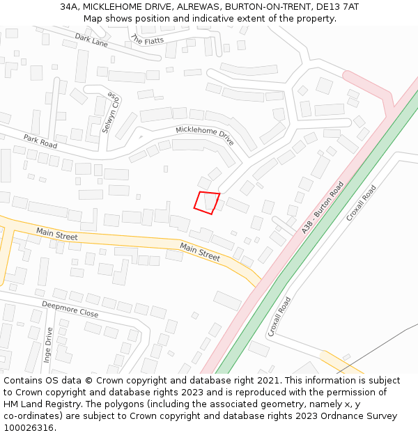 34A, MICKLEHOME DRIVE, ALREWAS, BURTON-ON-TRENT, DE13 7AT: Location map and indicative extent of plot