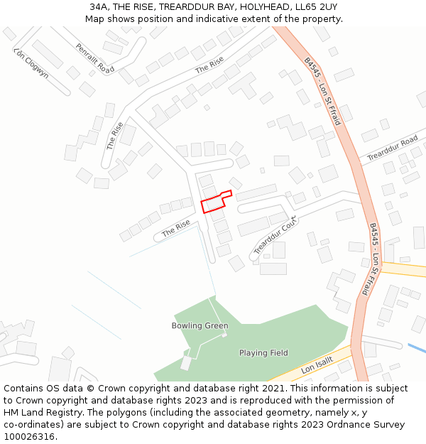 34A, THE RISE, TREARDDUR BAY, HOLYHEAD, LL65 2UY: Location map and indicative extent of plot