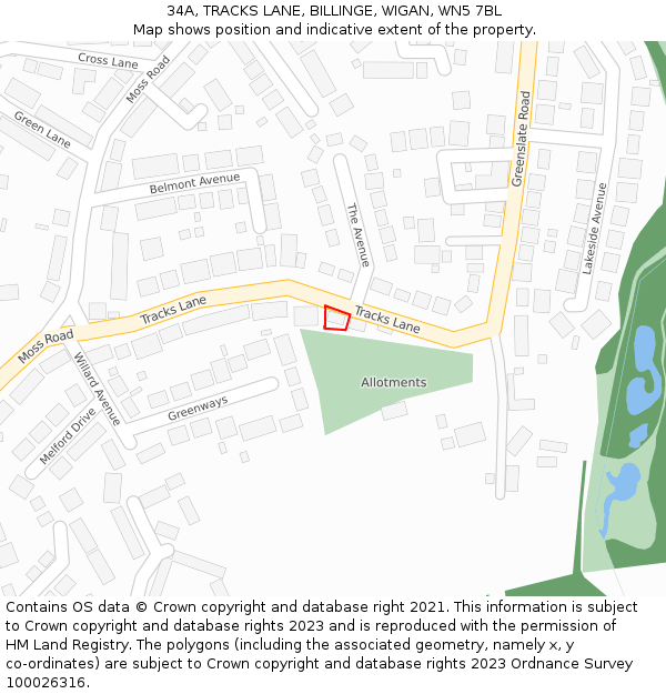 34A, TRACKS LANE, BILLINGE, WIGAN, WN5 7BL: Location map and indicative extent of plot