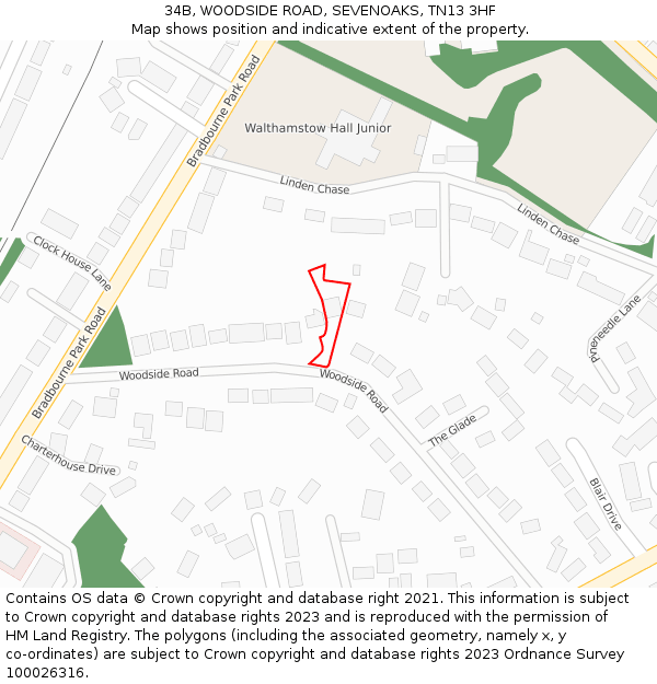 34B, WOODSIDE ROAD, SEVENOAKS, TN13 3HF: Location map and indicative extent of plot