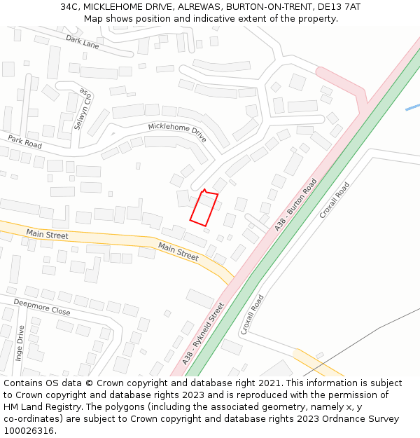 34C, MICKLEHOME DRIVE, ALREWAS, BURTON-ON-TRENT, DE13 7AT: Location map and indicative extent of plot