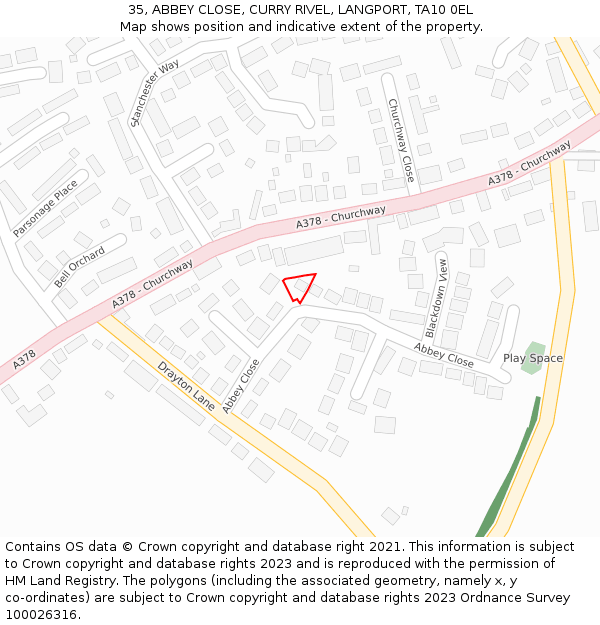 35, ABBEY CLOSE, CURRY RIVEL, LANGPORT, TA10 0EL: Location map and indicative extent of plot