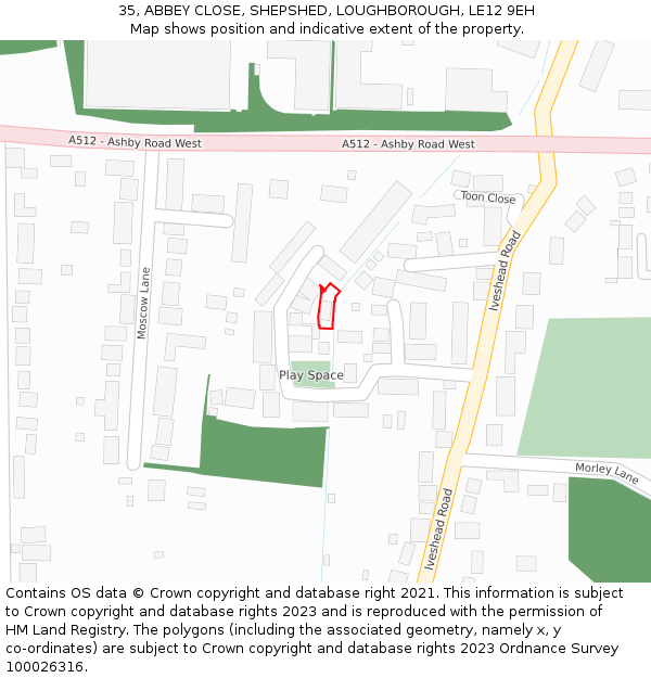35, ABBEY CLOSE, SHEPSHED, LOUGHBOROUGH, LE12 9EH: Location map and indicative extent of plot