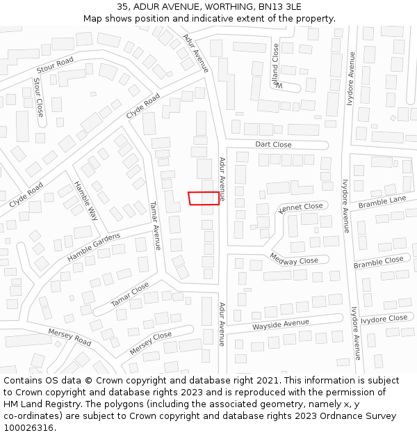 35, ADUR AVENUE, WORTHING, BN13 3LE: Location map and indicative extent of plot