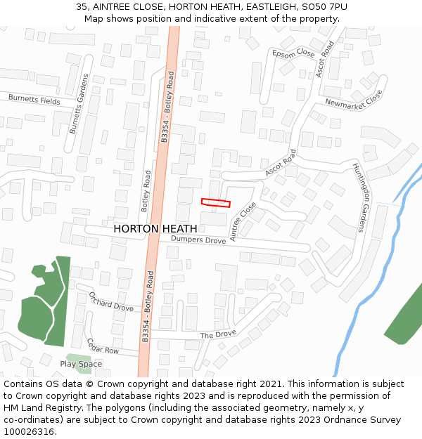 35, AINTREE CLOSE, HORTON HEATH, EASTLEIGH, SO50 7PU: Location map and indicative extent of plot