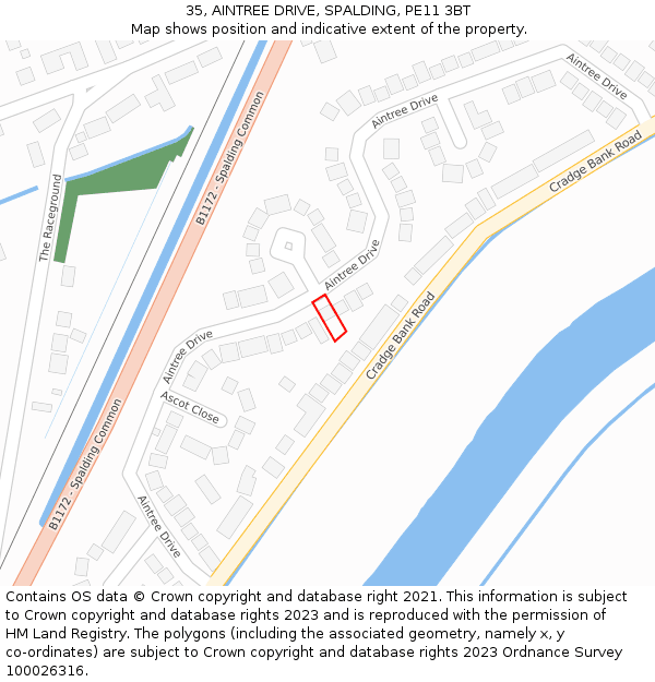35, AINTREE DRIVE, SPALDING, PE11 3BT: Location map and indicative extent of plot
