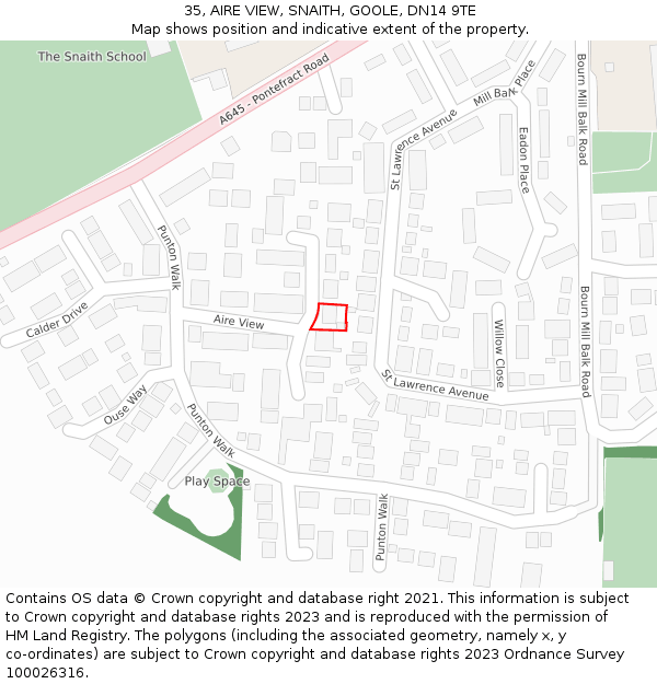 35, AIRE VIEW, SNAITH, GOOLE, DN14 9TE: Location map and indicative extent of plot