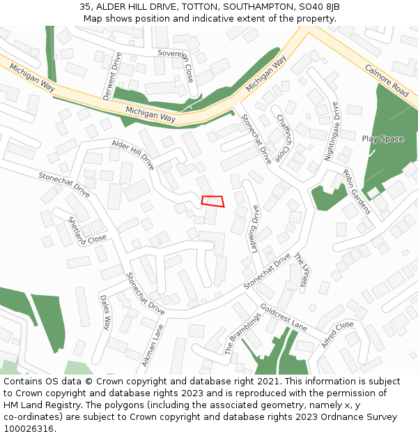 35, ALDER HILL DRIVE, TOTTON, SOUTHAMPTON, SO40 8JB: Location map and indicative extent of plot