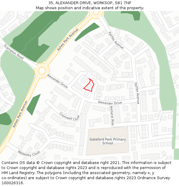 35, ALEXANDER DRIVE, WORKSOP, S81 7NP: Location map and indicative extent of plot