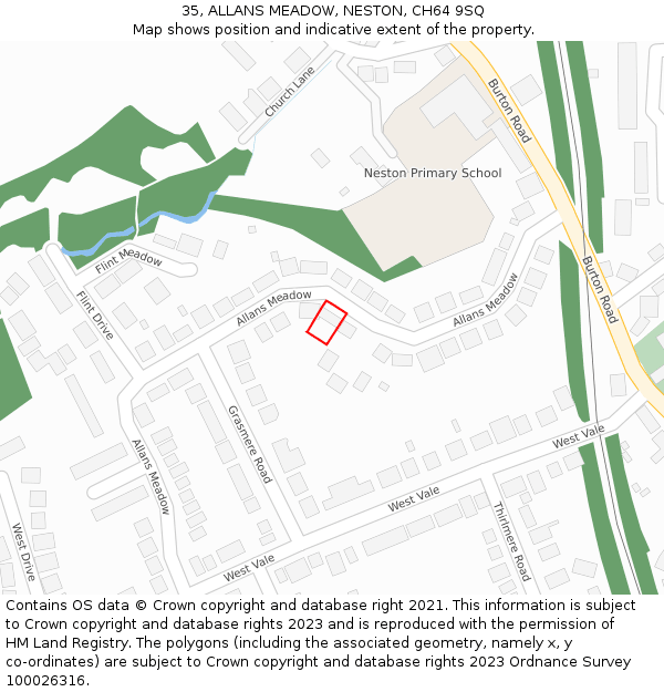 35, ALLANS MEADOW, NESTON, CH64 9SQ: Location map and indicative extent of plot