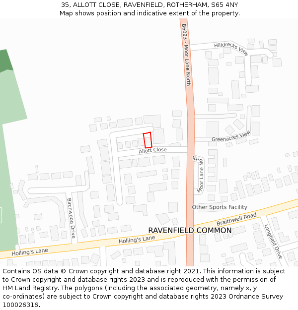 35, ALLOTT CLOSE, RAVENFIELD, ROTHERHAM, S65 4NY: Location map and indicative extent of plot