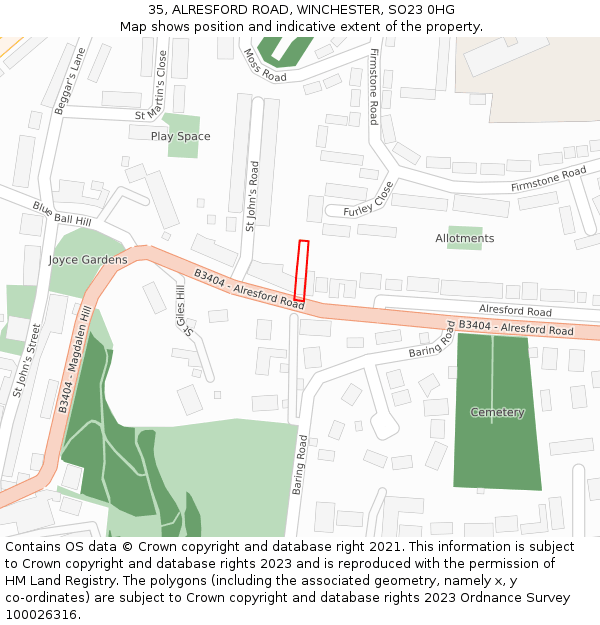 35, ALRESFORD ROAD, WINCHESTER, SO23 0HG: Location map and indicative extent of plot