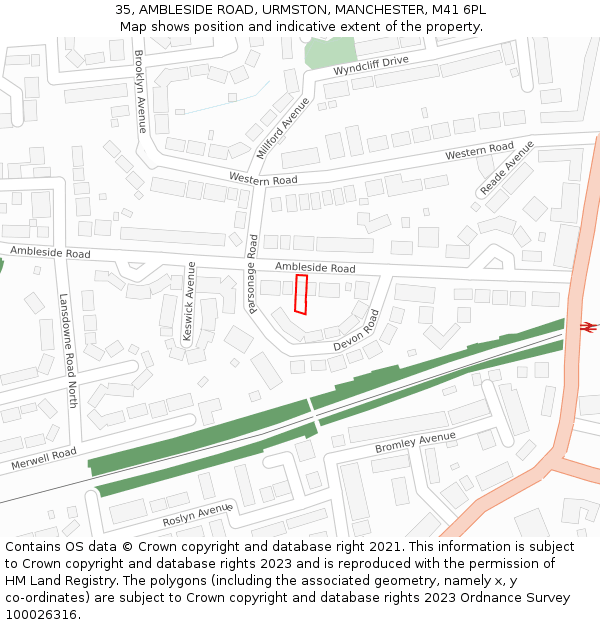 35, AMBLESIDE ROAD, URMSTON, MANCHESTER, M41 6PL: Location map and indicative extent of plot