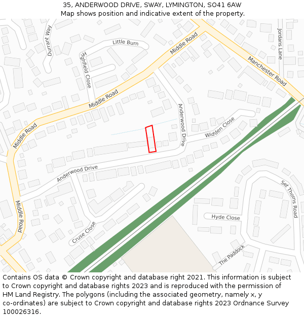 35, ANDERWOOD DRIVE, SWAY, LYMINGTON, SO41 6AW: Location map and indicative extent of plot