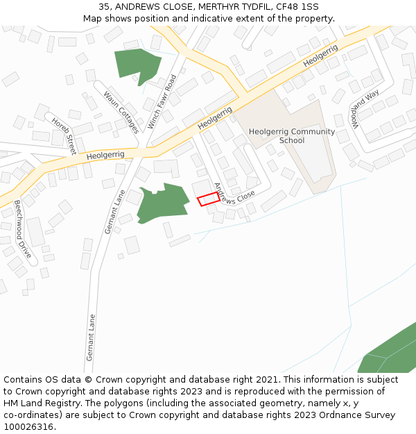 35, ANDREWS CLOSE, MERTHYR TYDFIL, CF48 1SS: Location map and indicative extent of plot
