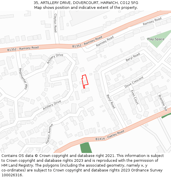 35, ARTILLERY DRIVE, DOVERCOURT, HARWICH, CO12 5FG: Location map and indicative extent of plot