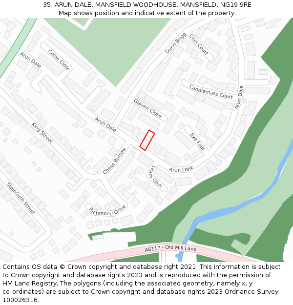 35, ARUN DALE, MANSFIELD WOODHOUSE, MANSFIELD, NG19 9RE: Location map and indicative extent of plot