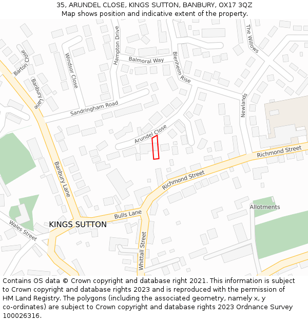 35, ARUNDEL CLOSE, KINGS SUTTON, BANBURY, OX17 3QZ: Location map and indicative extent of plot