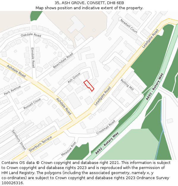 35, ASH GROVE, CONSETT, DH8 6EB: Location map and indicative extent of plot