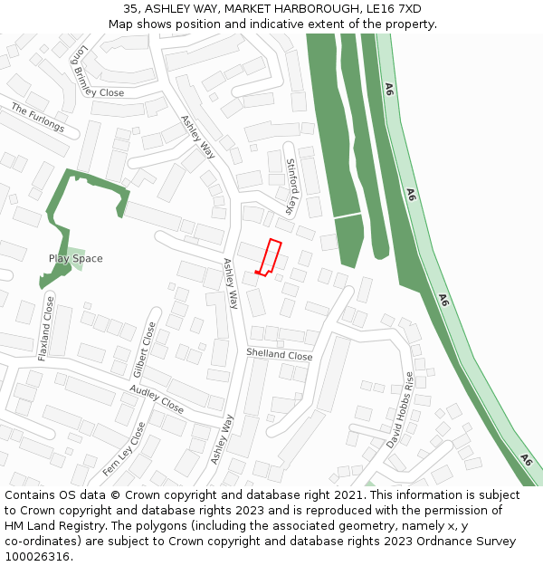 35, ASHLEY WAY, MARKET HARBOROUGH, LE16 7XD: Location map and indicative extent of plot