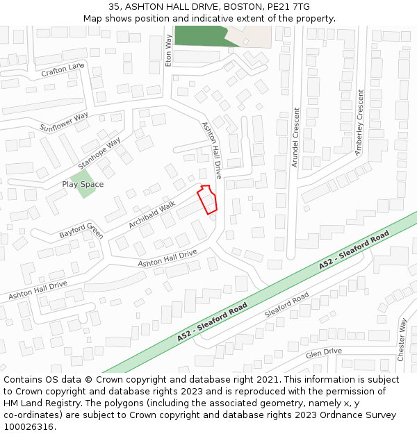 35, ASHTON HALL DRIVE, BOSTON, PE21 7TG: Location map and indicative extent of plot