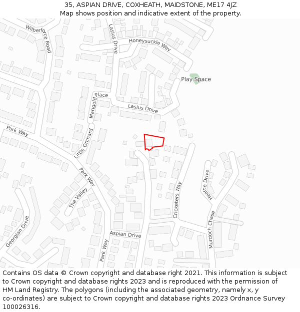 35, ASPIAN DRIVE, COXHEATH, MAIDSTONE, ME17 4JZ: Location map and indicative extent of plot