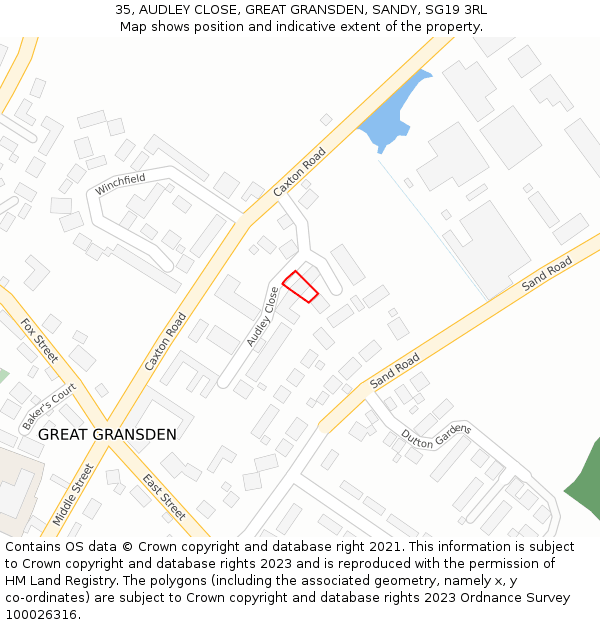 35, AUDLEY CLOSE, GREAT GRANSDEN, SANDY, SG19 3RL: Location map and indicative extent of plot