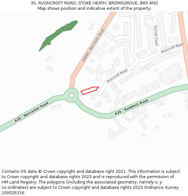 35, AVONCROFT ROAD, STOKE HEATH, BROMSGROVE, B60 4NG: Location map and indicative extent of plot