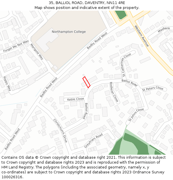 35, BALLIOL ROAD, DAVENTRY, NN11 4RE: Location map and indicative extent of plot