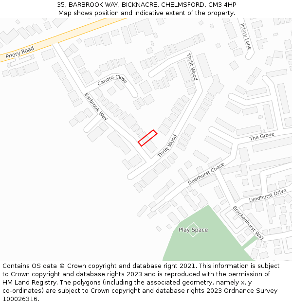 35, BARBROOK WAY, BICKNACRE, CHELMSFORD, CM3 4HP: Location map and indicative extent of plot