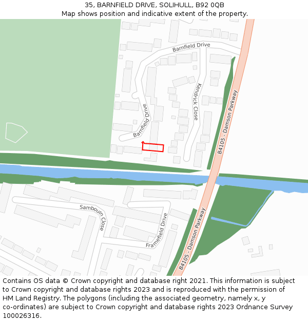 35, BARNFIELD DRIVE, SOLIHULL, B92 0QB: Location map and indicative extent of plot