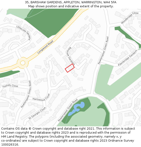 35, BARSHAW GARDENS, APPLETON, WARRINGTON, WA4 5FA: Location map and indicative extent of plot