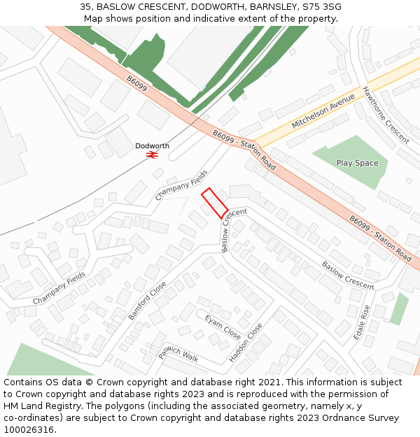 35, BASLOW CRESCENT, DODWORTH, BARNSLEY, S75 3SG: Location map and indicative extent of plot