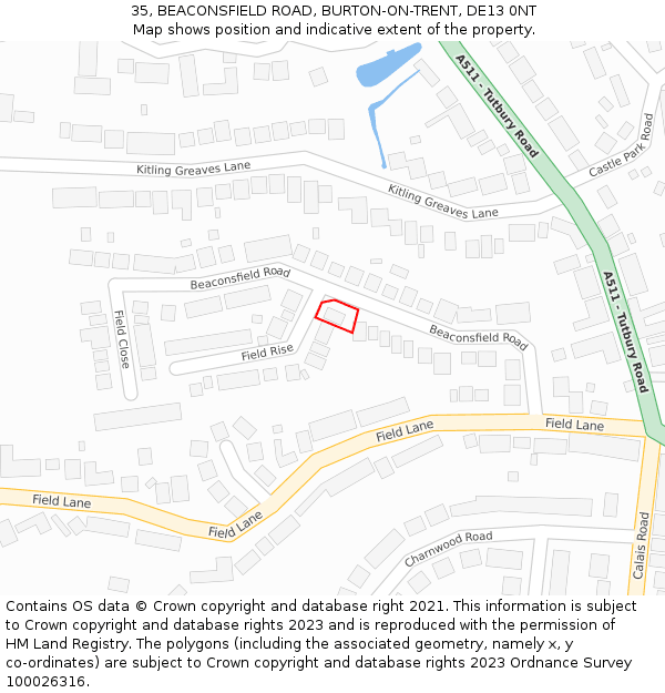 35, BEACONSFIELD ROAD, BURTON-ON-TRENT, DE13 0NT: Location map and indicative extent of plot